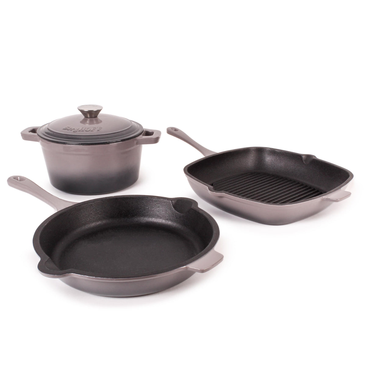 BergHOFF Neo 4pc Cast Iron Set : Grill Pan, Fry Pan & 3Qt Dutch Oven, Oyster