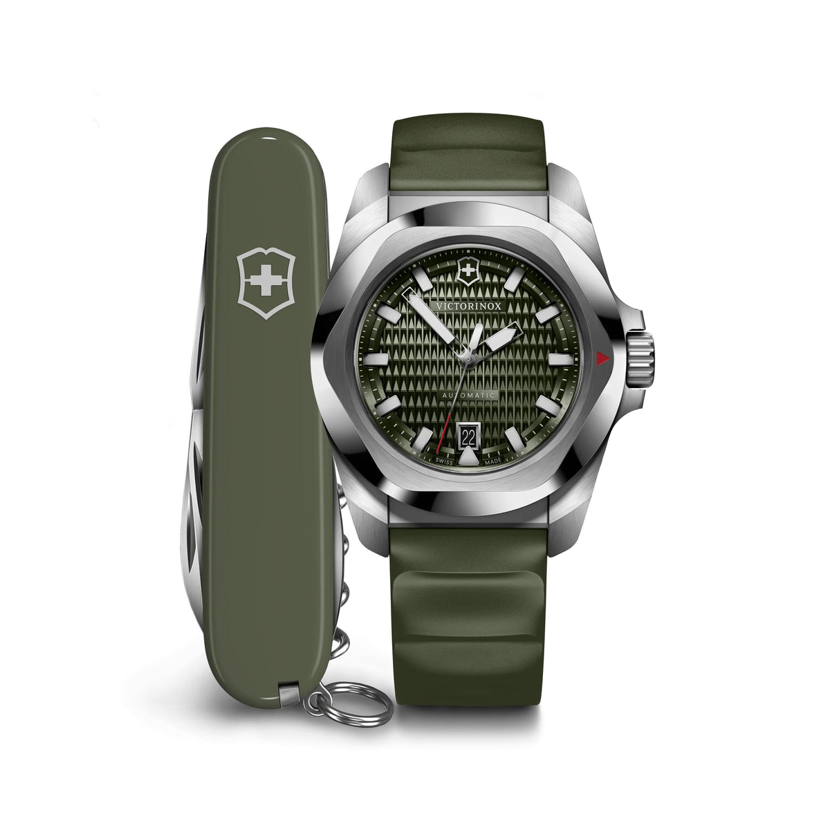 Victorinox Swiss Army I.N.O.X. Auto 41mm, silver stainless steel case and bezel, green dial, green rubber strap