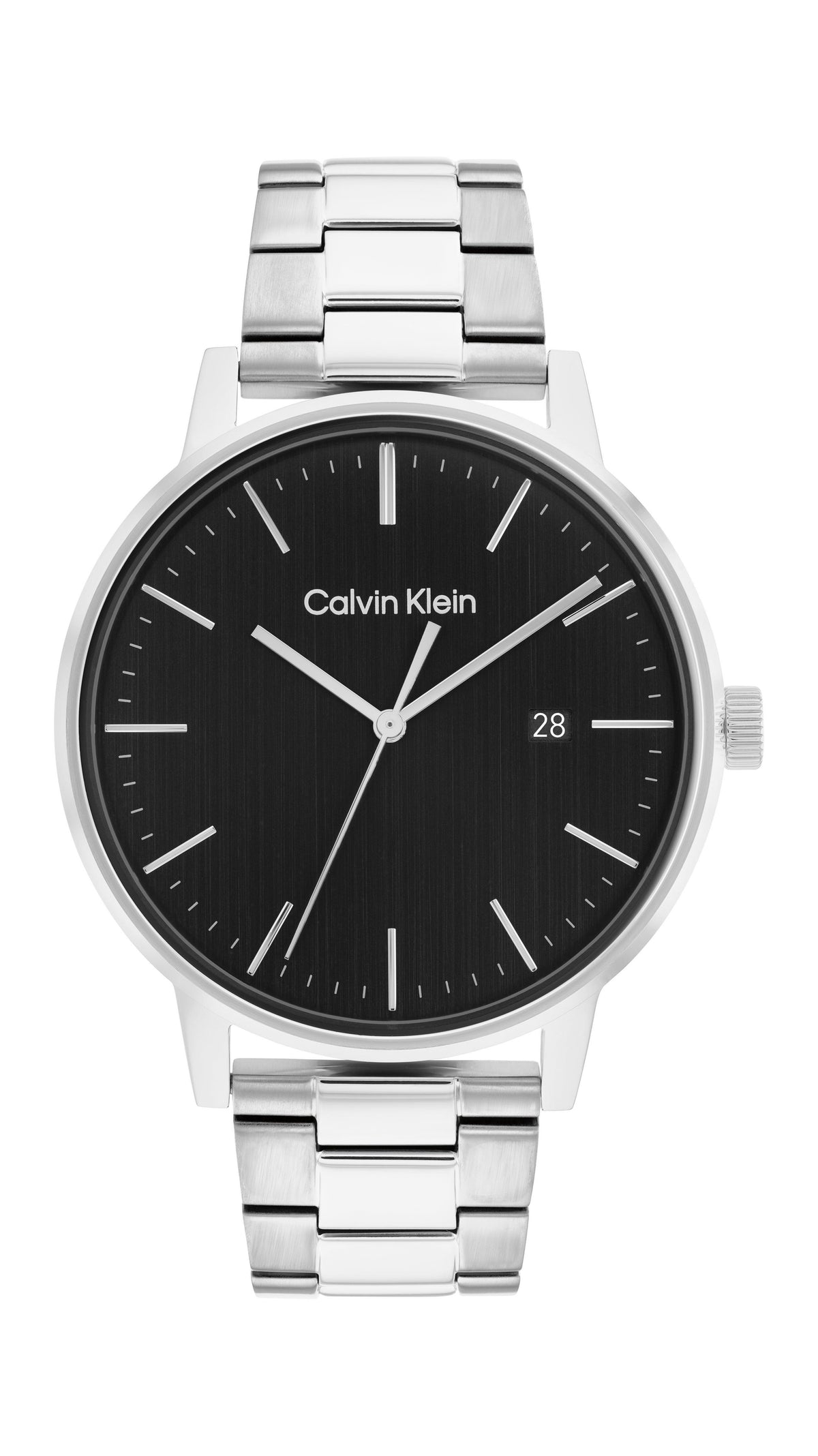 Calvin Klein Mens Silver-Tone Stainless Steel Watch Black Dial