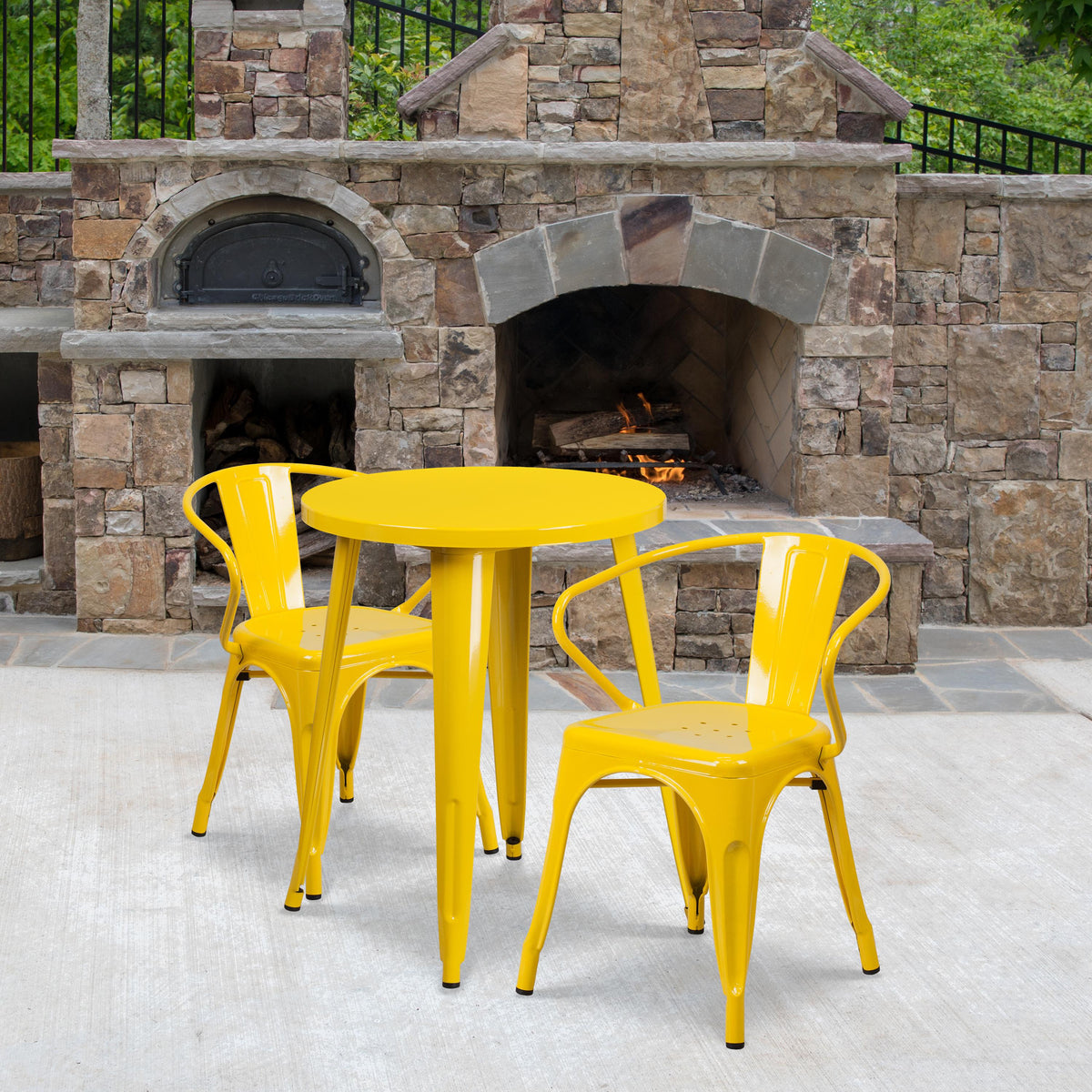 Flash Furniture 24" Round Yellow Metal Indoor-Outdoor Table Set with 2 Arm Chairs - Patio Set