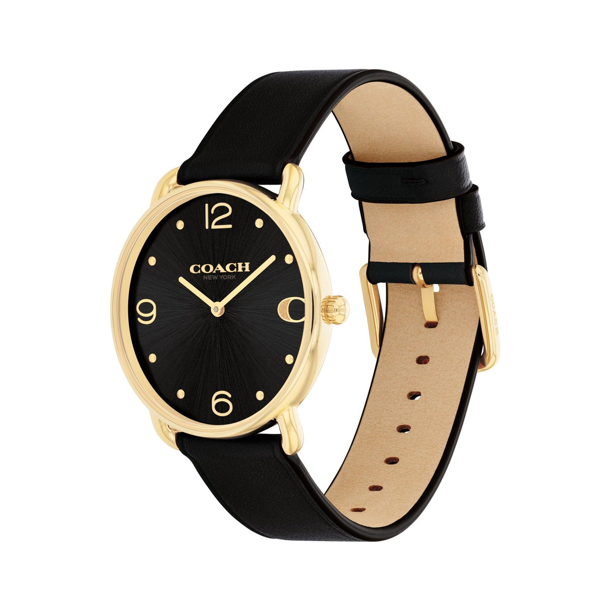 Coach Ladies' Elliot Gold & Black Leather Strap Watch Black Dial