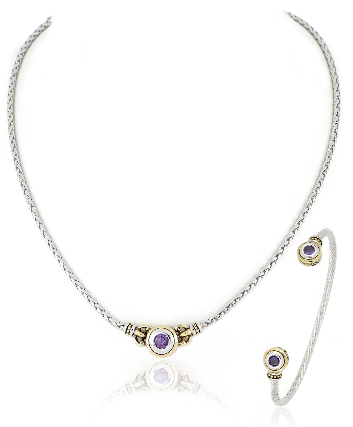 John Medeiros Beijos 6mm Single Stone Necklace & Small Cuff Bracelet, Amethyst CZ. N5027-A303 & B5029-A300
