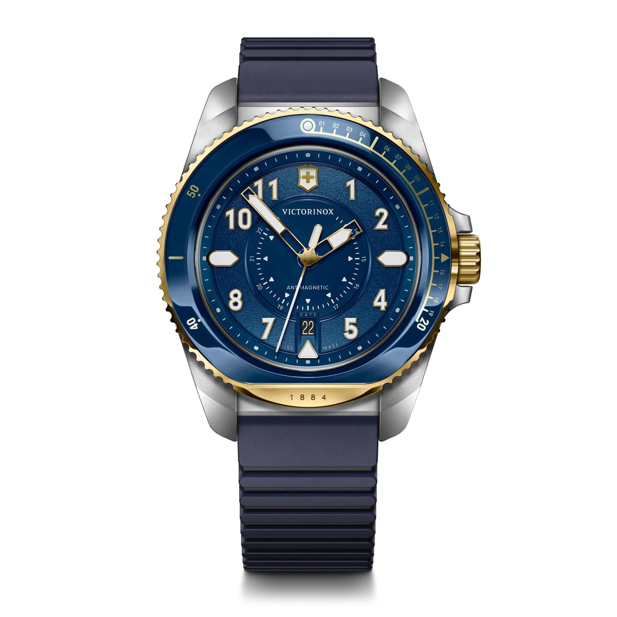 Victorinox Swiss Army Journey Quartz 43mm, Silver/Gold Tow-Tone Stainless Steel Case, Blue Dial, Blue Rubber Strap