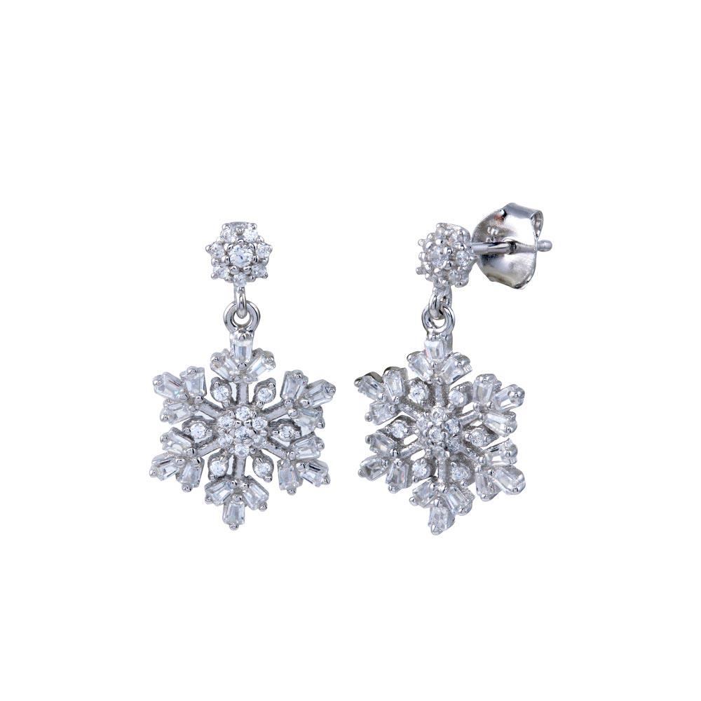 PARIKHS Rhodium Plated Dangling CZ Snow Flakes Earring in 925 Sterling Silver