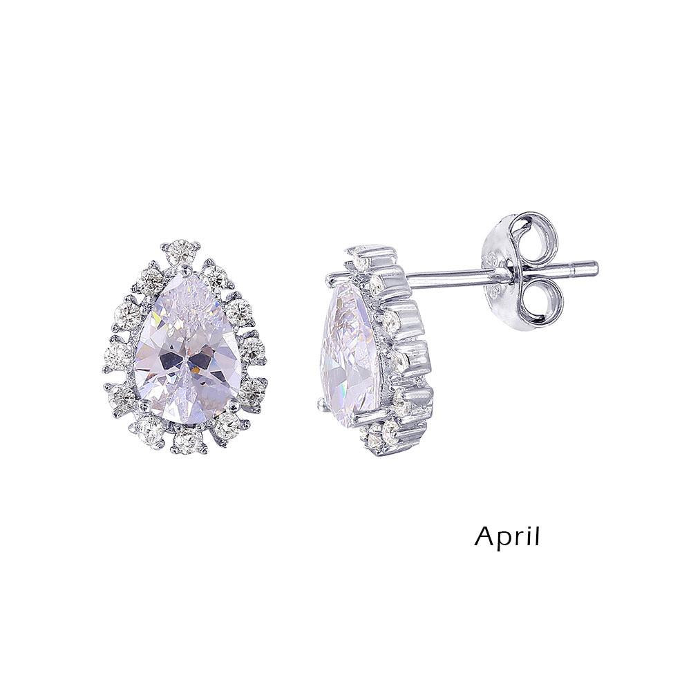 PARIKHS Rhodium Plated Teardrop Halo CZ April Birthstone Earring in 925 Sterling Silver