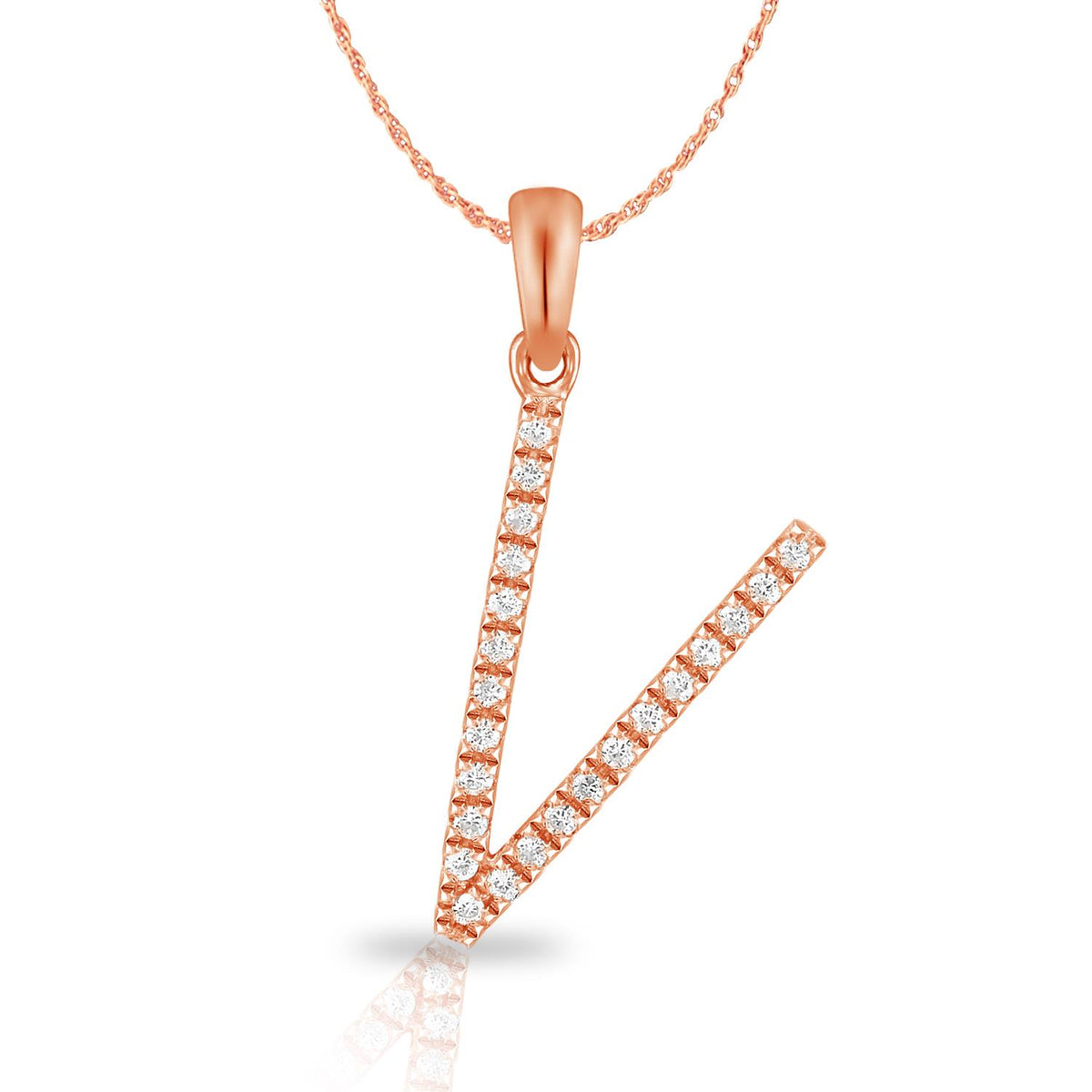 PARIKHS Diamond Initial Pendant Alphabet 'V' in 10K Rose Gold 0.10 ct , IJK color - I3 clarity
