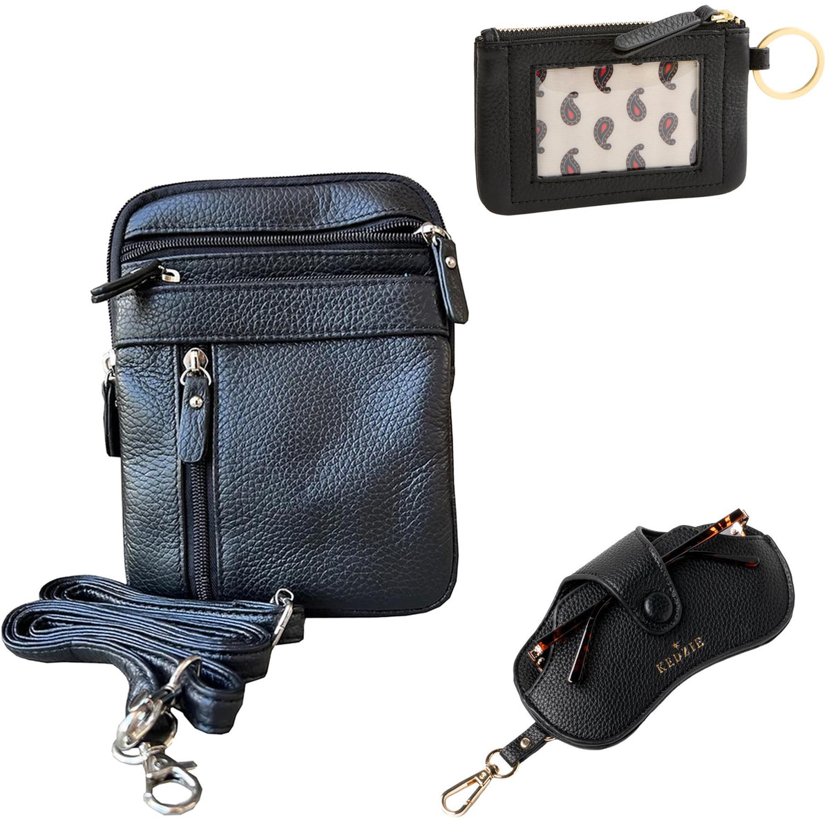 Roma Leathers Crossbody (Black) with Zip ID and Eyeglass Case