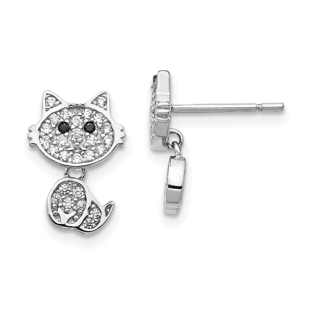 Distinctive SS Cheryl M Rhodium-plated Black & White CZ Cat Post Dangle Earrings