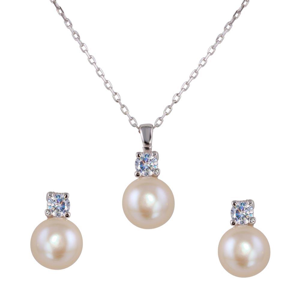 PARIKHS Rhodium Plated Synthetic Pearl Necklace-Earring Set with CZ in 925 Sterling Silver