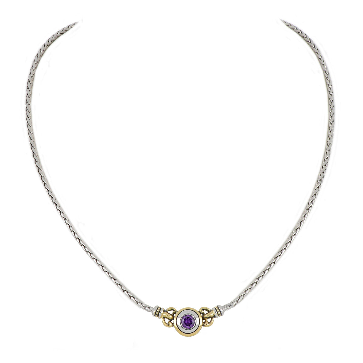 John Medeiros Beijos 6mm Single Stone Necklace, Amethyst CZ. 16" L. Center Motif 1"Wx7/16"H