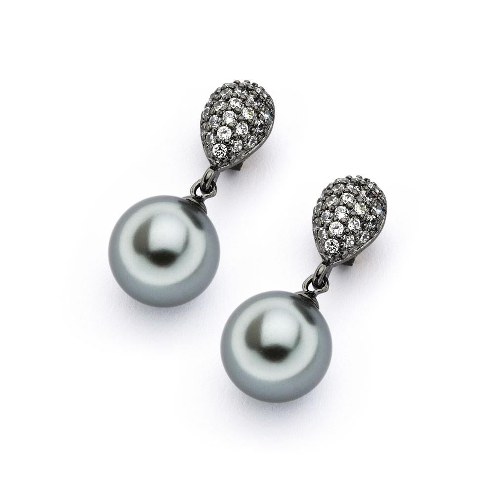 PARIKHS Black Rhodium Plated CZ Synthetic Black Pearl Dangling Earring in 925 Sterling Silver