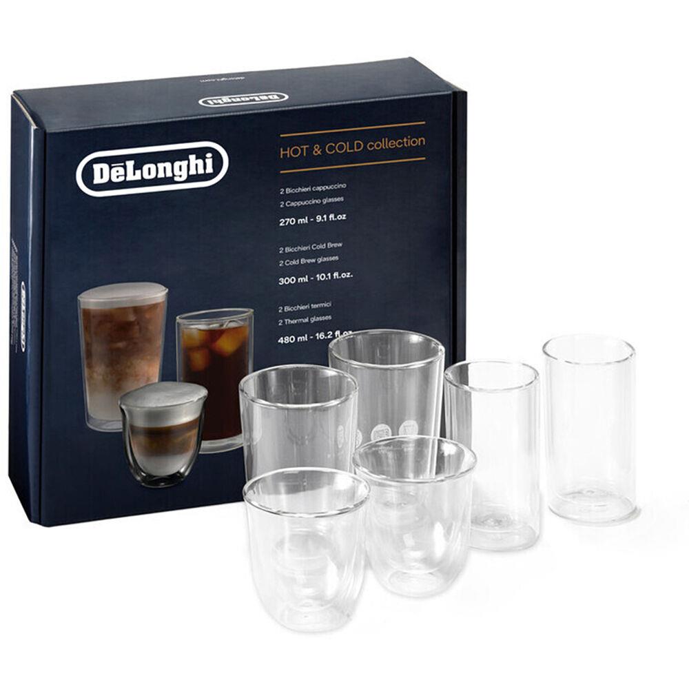Delonghi Trio Gift Set of 2 Cappuccino Glasses, 2 Cold Brew Glasses Large, and 2 Thermal Glasses Large