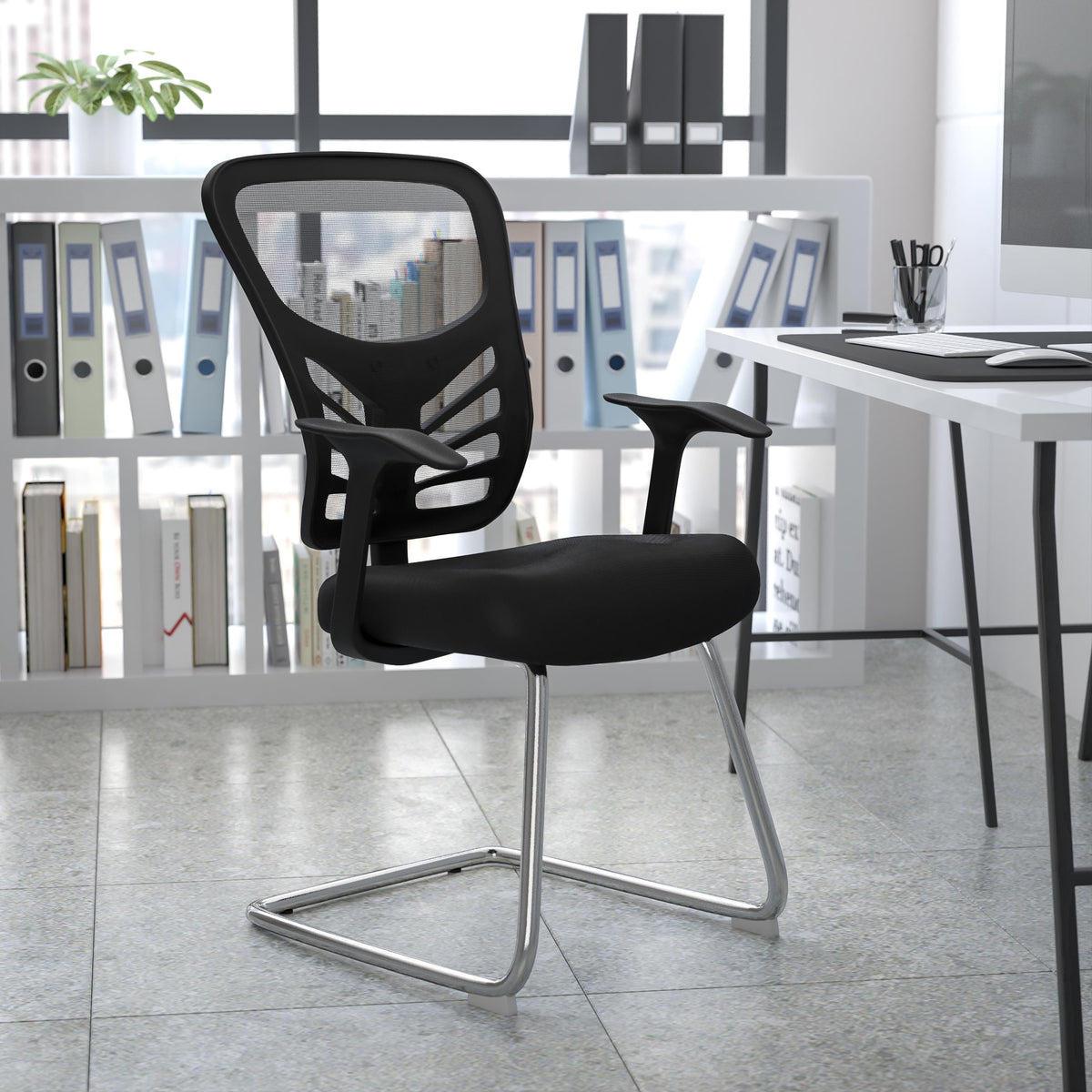Flash Furniture Black Mesh Side Reception Chair with Chrome Sled Base