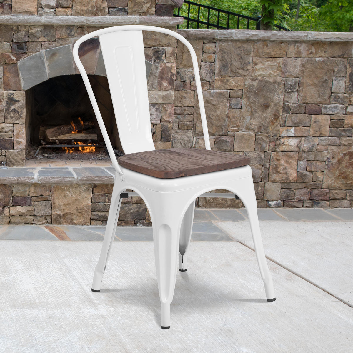 Flash Furniture White Metal Stackable Chair with Wood Seat - Restaurant Chair - Bistro Chair