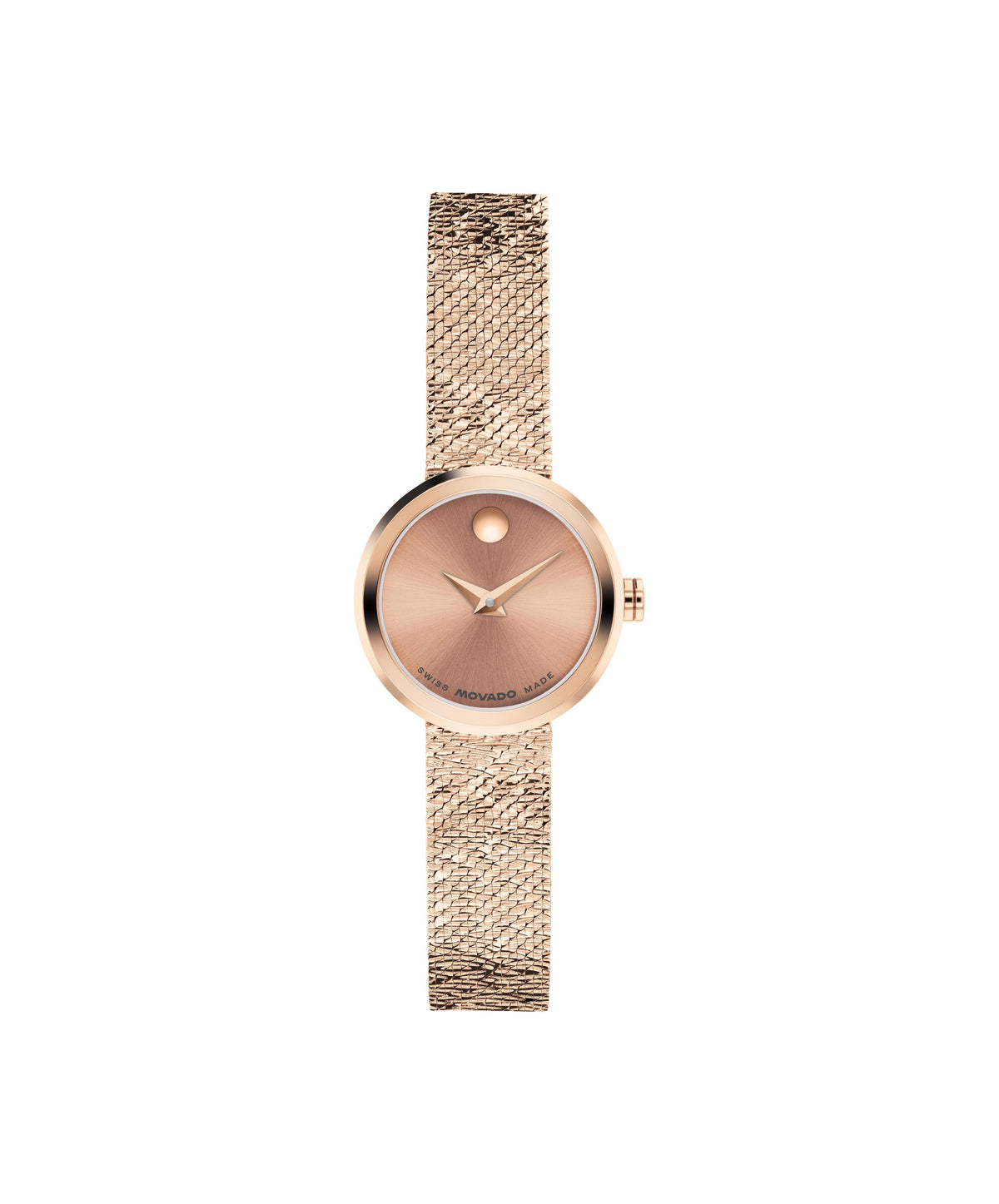 Movado Museum Velura Ladies. Rose Gold PVD Case & Milanese mesh Bracelet. Rose Gold Dial