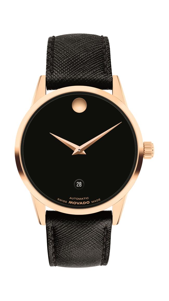 Movado Museum Automatic. Rose Gold PVD Steel Case. Black Leather Strap. Black dial