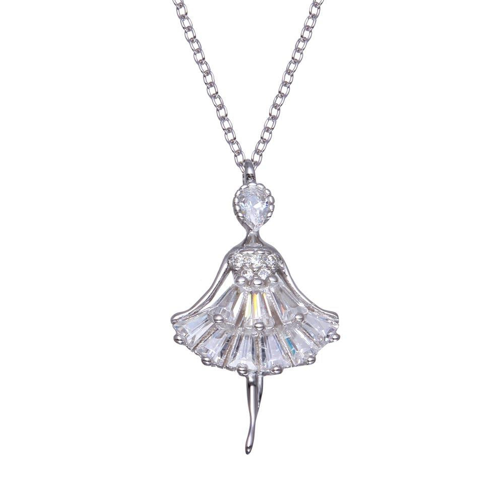 PARIKHS Rhodium Plated Ballerina Baguette CZ Necklace in 925 Sterling Silver
