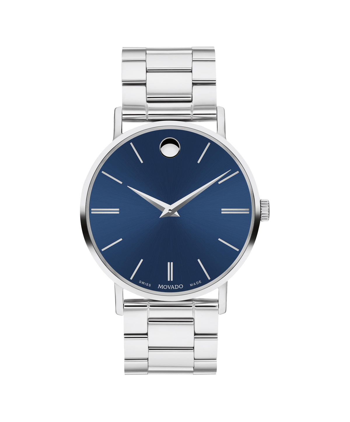 Movado Corporate Classic Gents. Stainless Steel Case & Bracelet. Blue Dial with markers