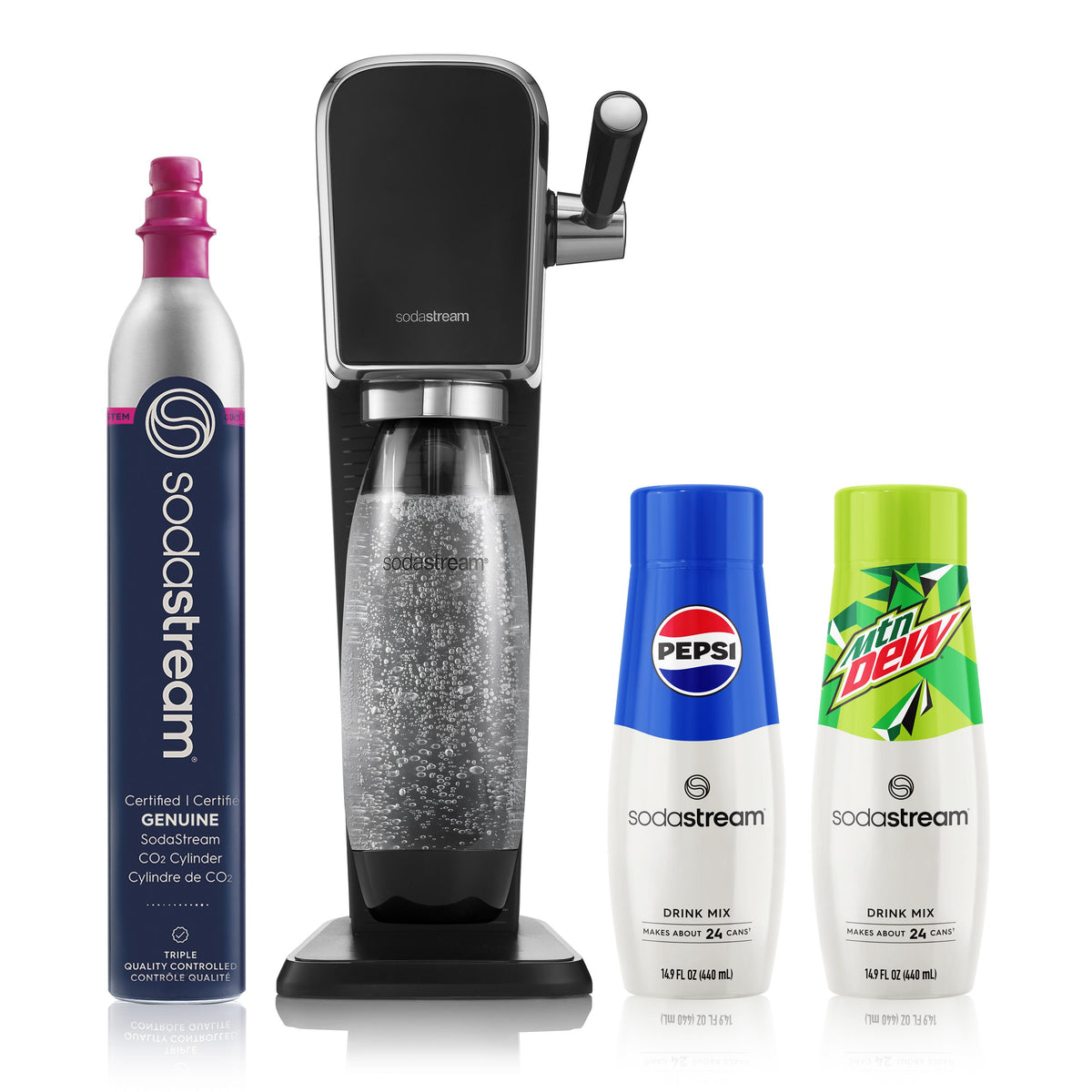 SodaStream ART Bundle Kit-Black Contains: 1-Machine, 1-Cylinder, 1 Carbonation Bottle, And 2-Pepsi Flavors