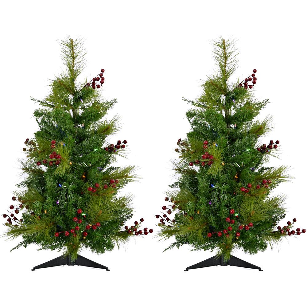 Fraser Hill Set of Two 4-Ft. Newberry Pine Artificial Trees with Multi-Colored LED String Lights