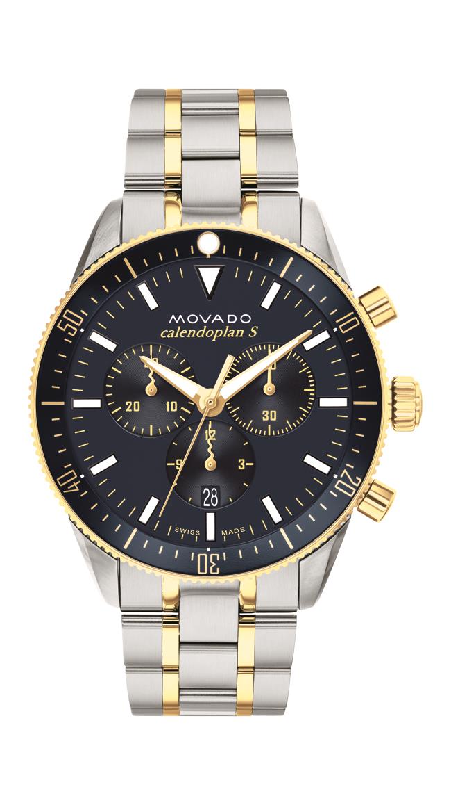 Movado Heritage Gents. Stainless Steel/Yellow Gold IP Case & Bracelet. Navy Chronograph Dial.