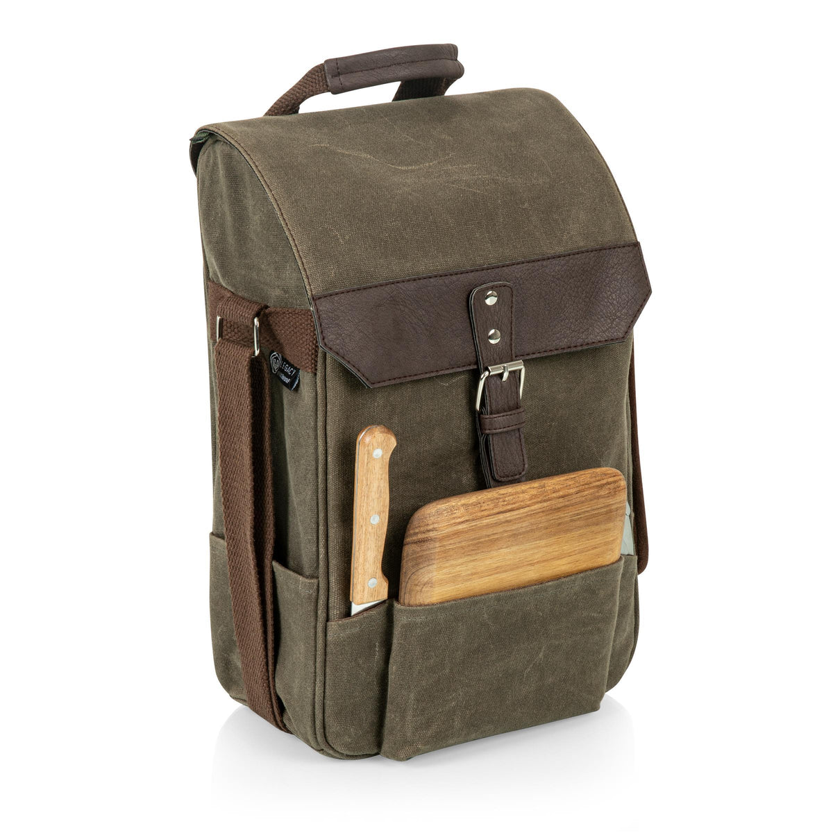 Picnic Time 2 Bottle Wine & Cheese Bag - Khaki Green with Brown Accents