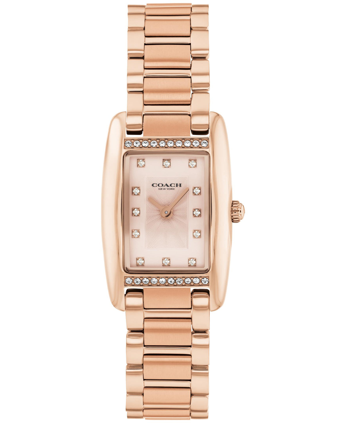 Coach Reese Ladies. RG Case w/Crystals. RG Plated Bracelet. Carnation Gold Dial w/Crystal markers.