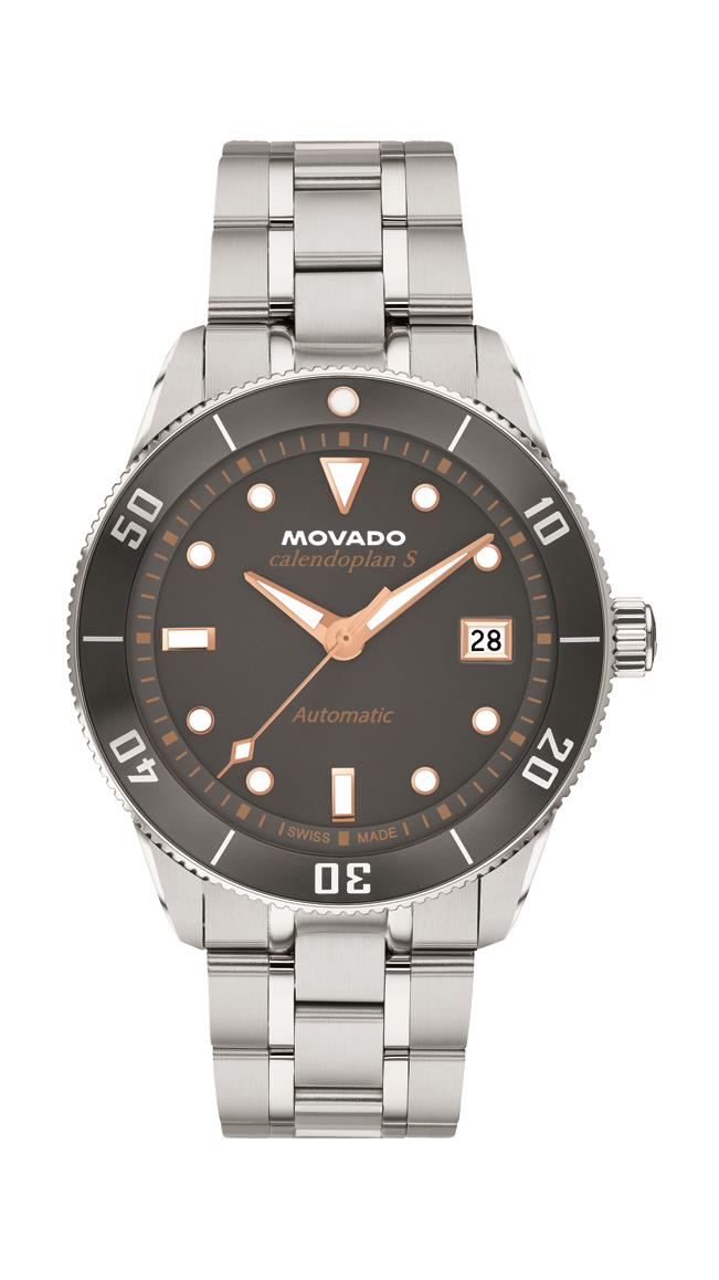 Movado Automatics Heritage calendoplan Automatic Gents. SS & grey aluminum Case. Stainless Steel Bracelet. Grey Dial.