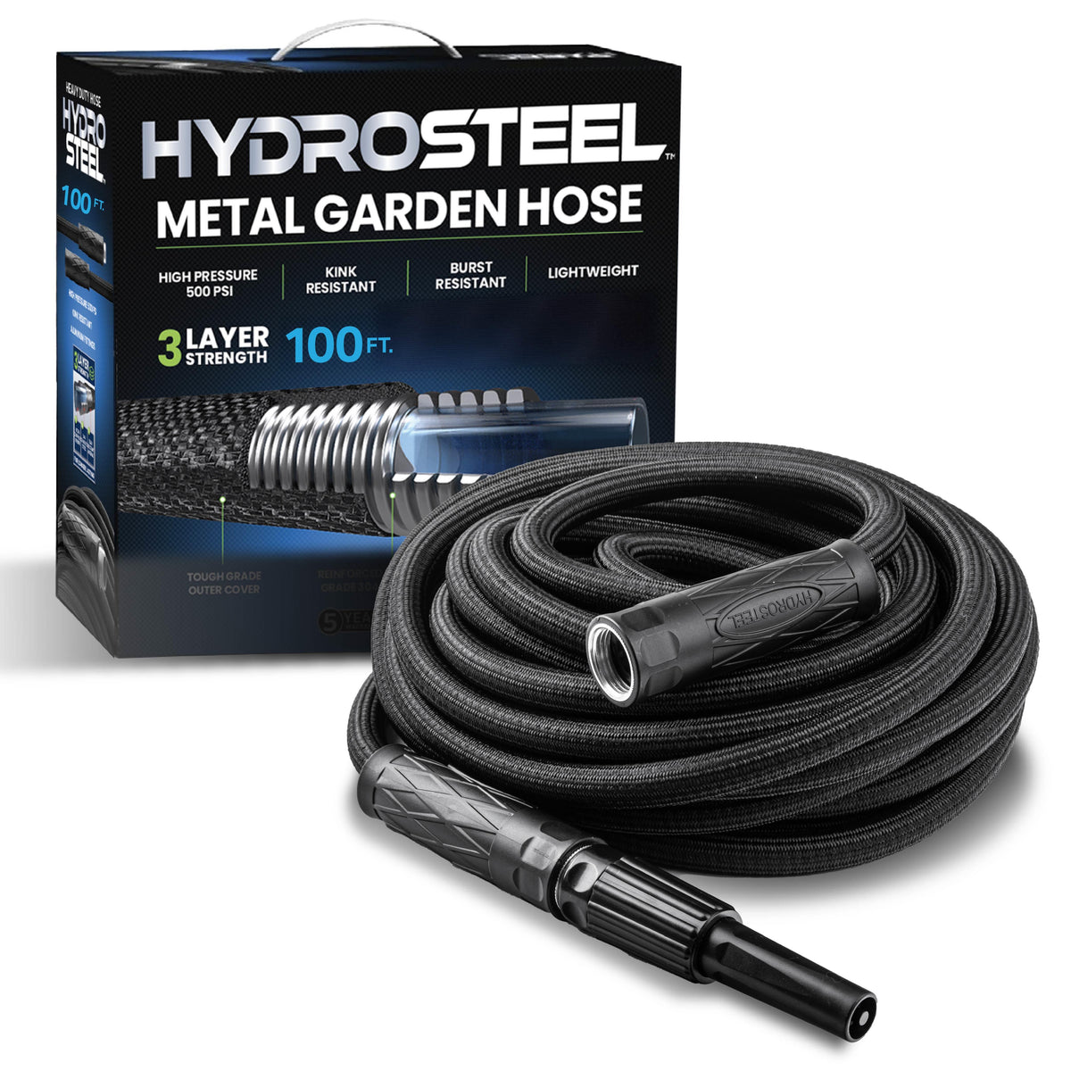 Hydrosteel Heavy-Duty Metal Garden Hose Size 100 FT