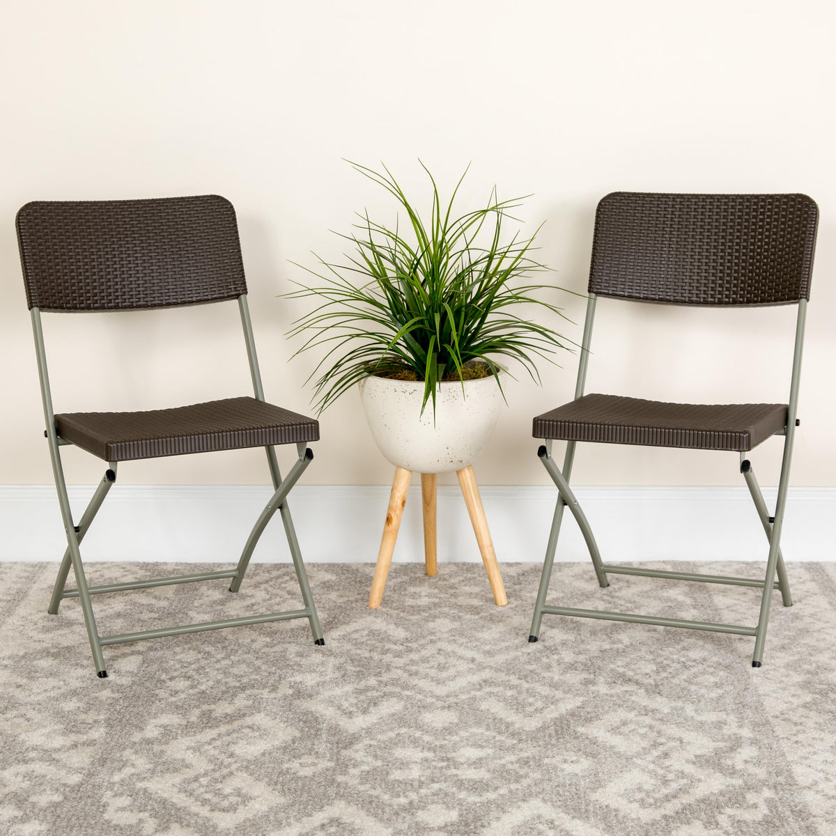Flash Furniture Brown Rattan Plastic Folding Chair with Gray Frame