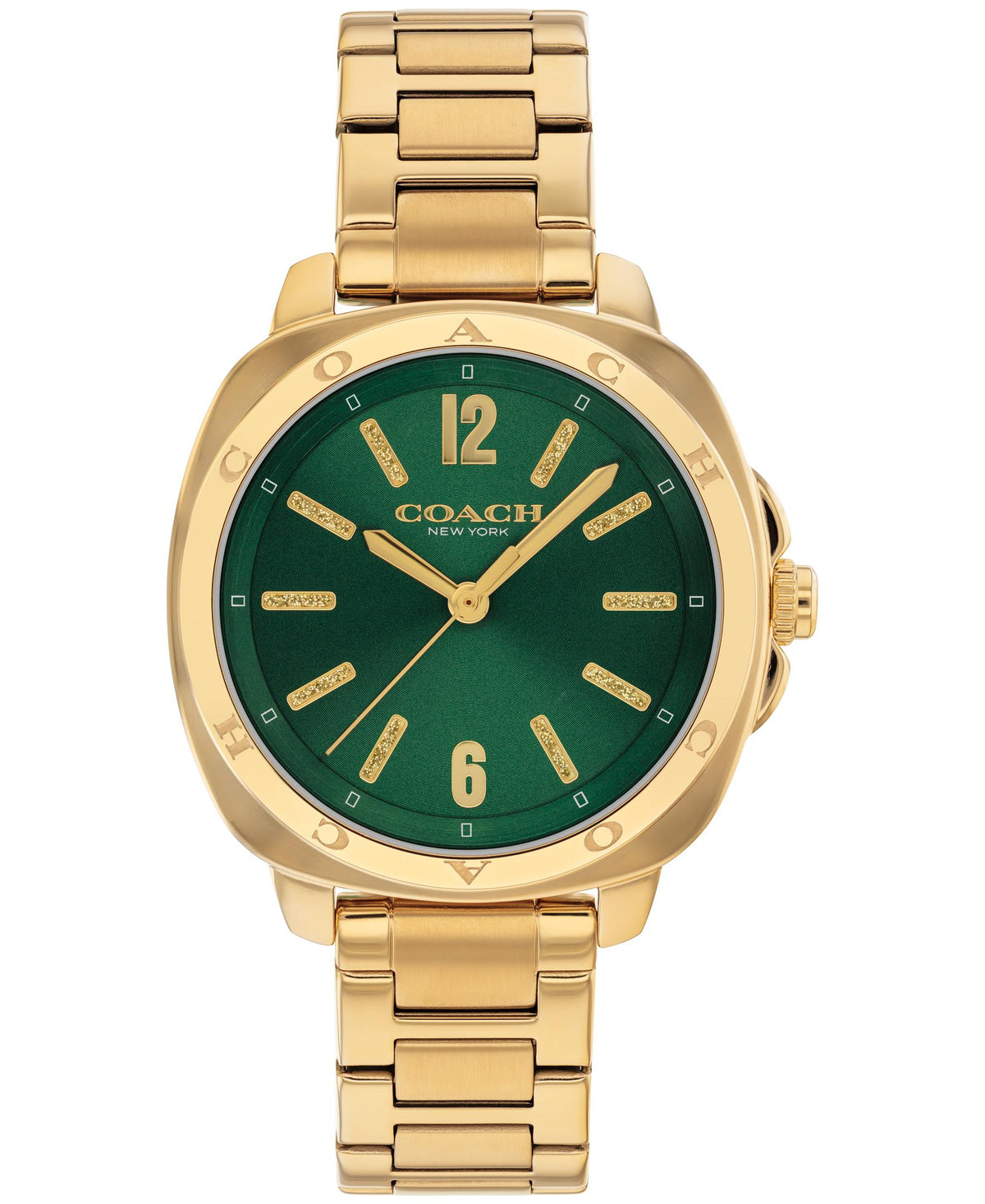 Coach Kitt Ladies. Gold Plated Case & Bracelet. Green Dial w/ Diamond Dust Markers