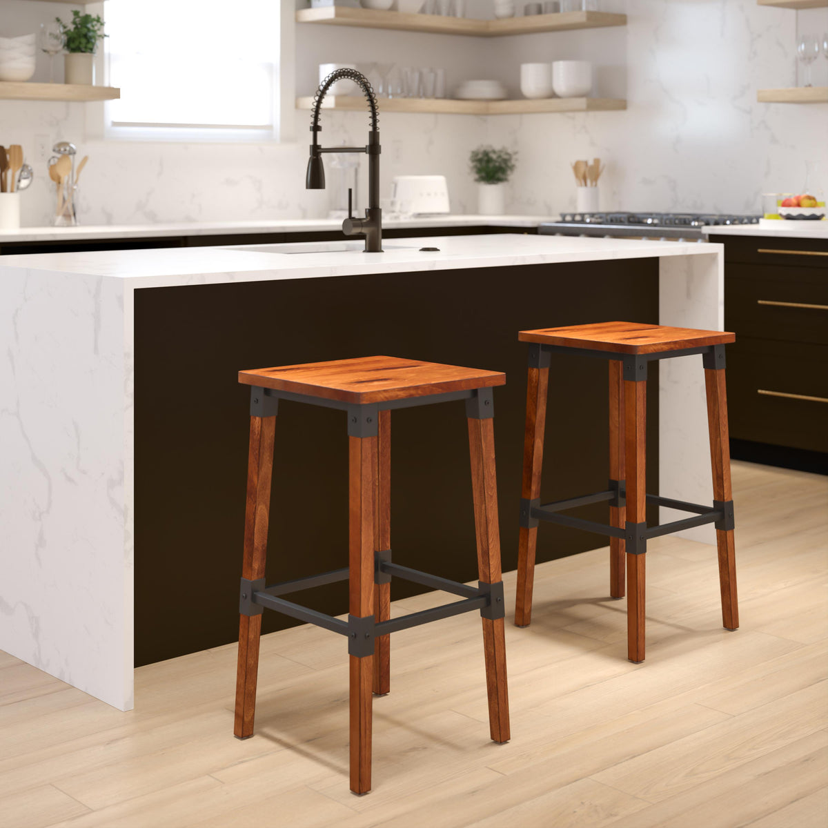 Flash Furniture 2 Pack Commercial Grade Rustic Walnut Backless Wood Barstool