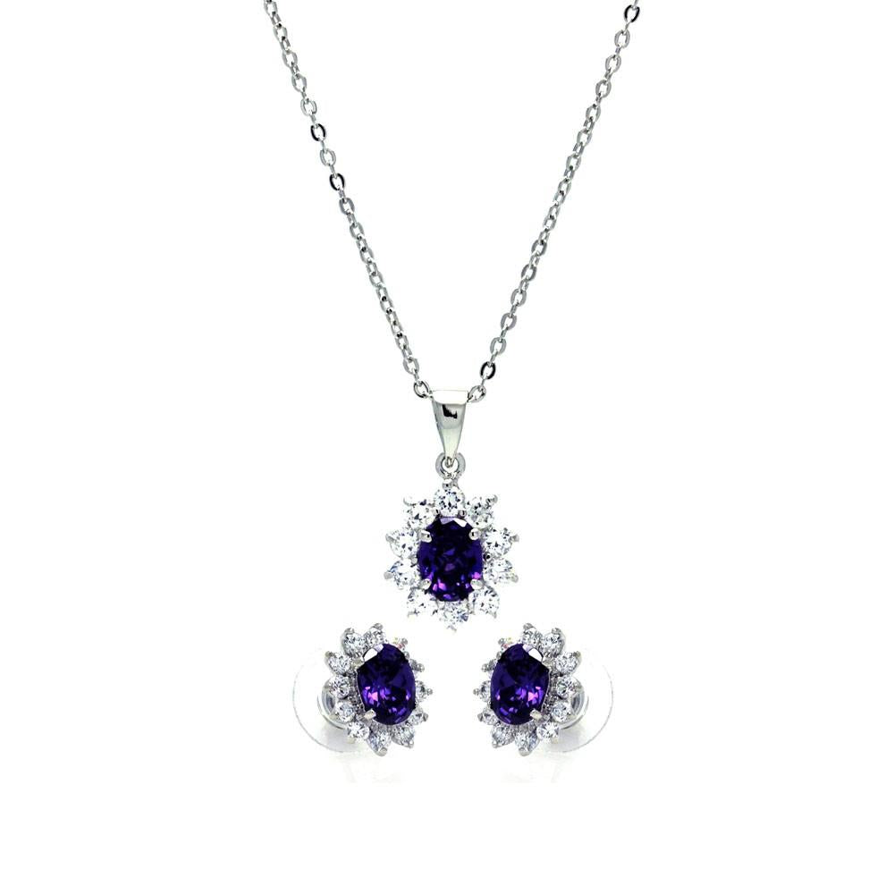 PARIKHS Rhodium Plated Purple and Clear Cluster Flower CZ Dangling Set in 925 Sterling Silver