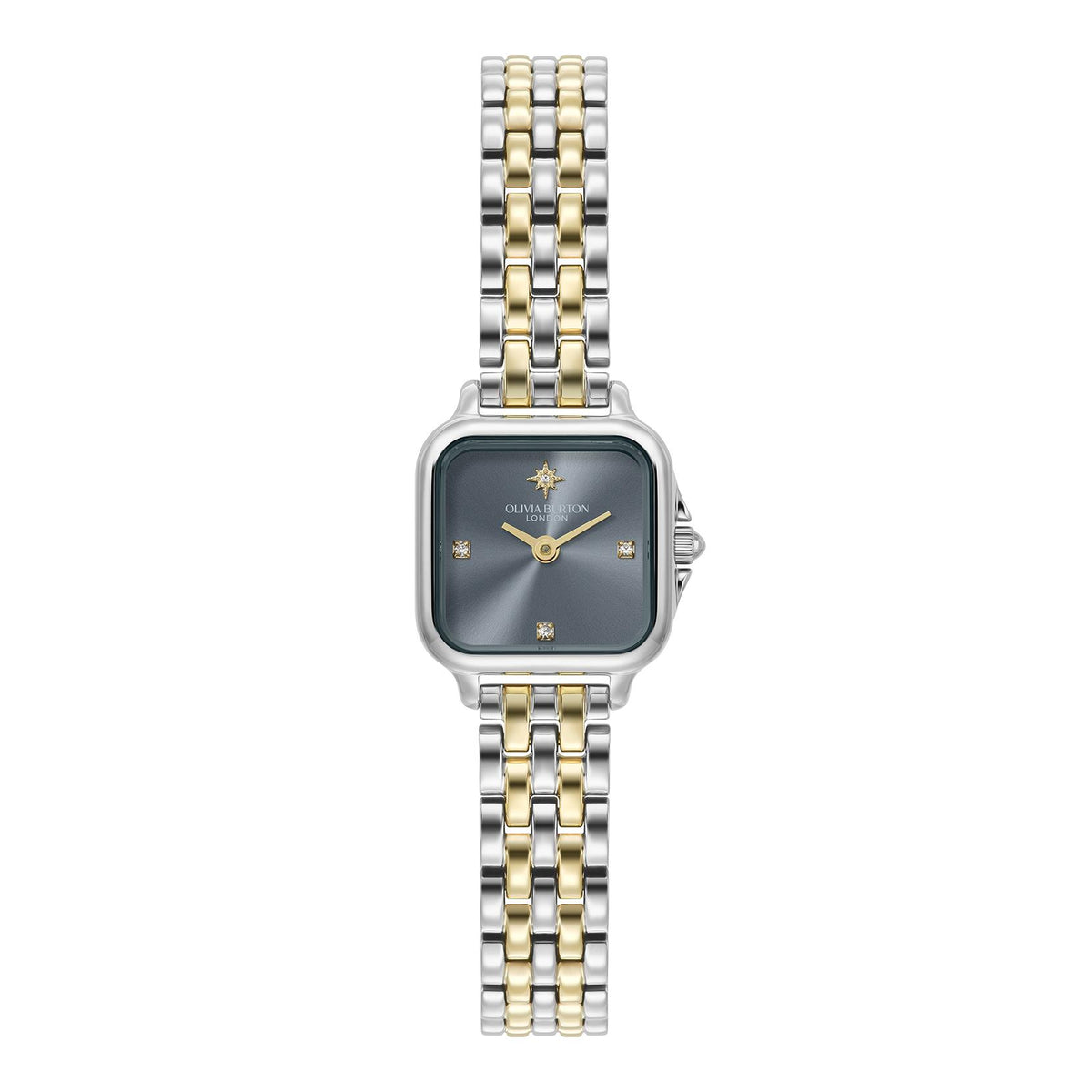 Olivia Burton Grosvenor mini. Two Tone Steel case & link bracelet. Chalk Blue dial with North Star