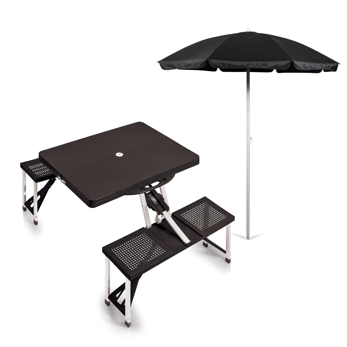 Oniva Folding Picnic Table w/ Seats & 1 Beach Umbrella Black