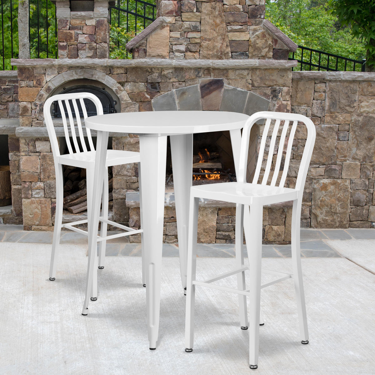 Flash Furniture 30" Round White Metal Indoor-Outdoor Bar Table Set with 2 Slat Back Stools