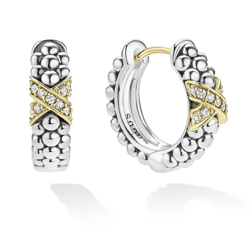 Lagos Two-Tone Diamond Huggie Earrings Size 5mm x 16mm