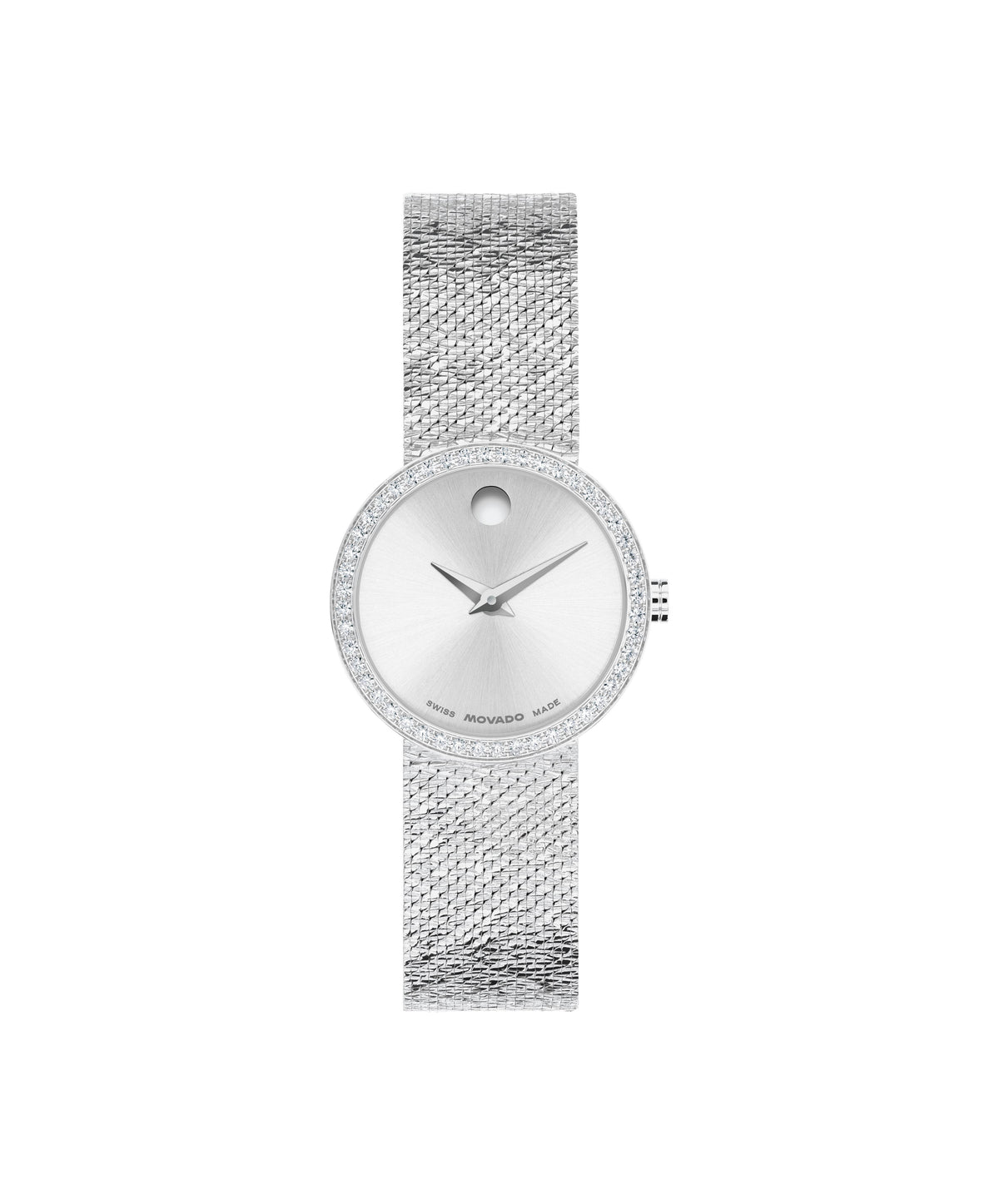 Movado Museum Velura Ladies. SS Case w/lab grown diamonds & Milanese mesh Bracelet. Silver White Dial