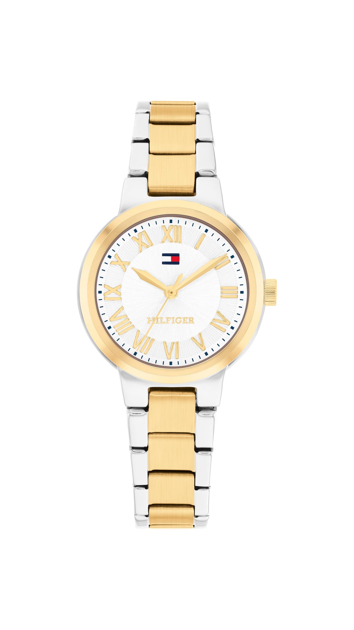 Tommy Hilfiger Ladies. Stainless Steel/ Gold Plate Case & Bracelet. Silver Dial