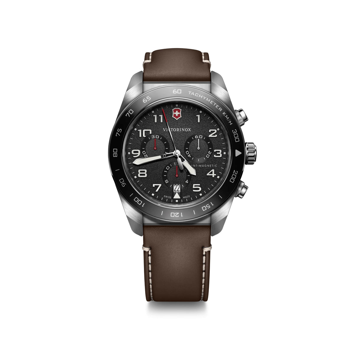 Victorinox Swiss Army Swiss Army Chrono 42mm, silver case, black bezel/dial, brown leather strap
