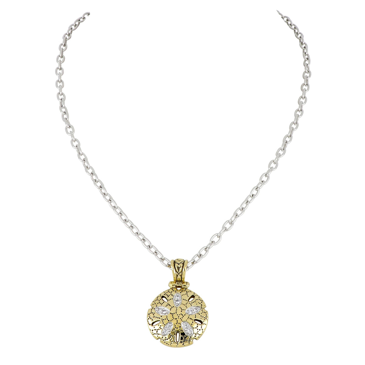 John Medeiros Seaside Sand Dollar Pendant, CZs. Length: 16 - 18" adjustable Pendant: 1"L x 1"W