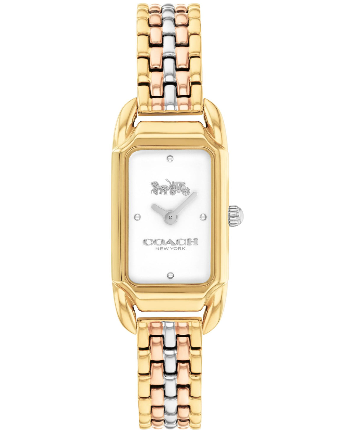 Coach Cadie Ladies Watch. Gold Plated Case. Tri-Tone Bracelet. Silver/White Dial.