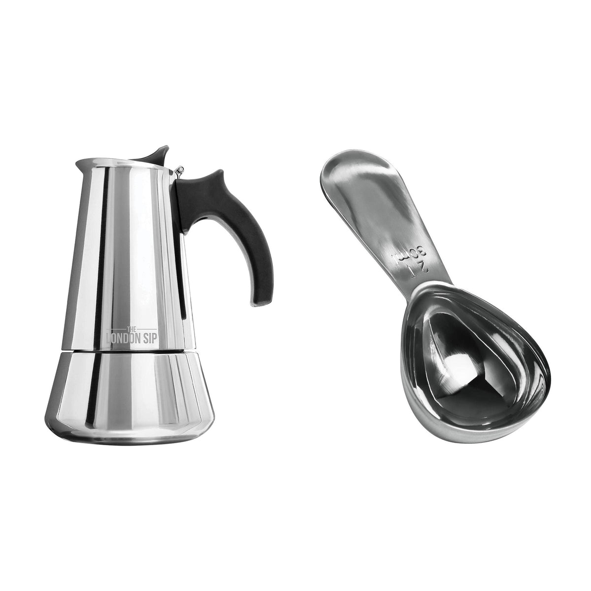 KitchenSupply London Sip - 10-Cup Espresso Maker w/Coffee Spoon Bundle, Silver
