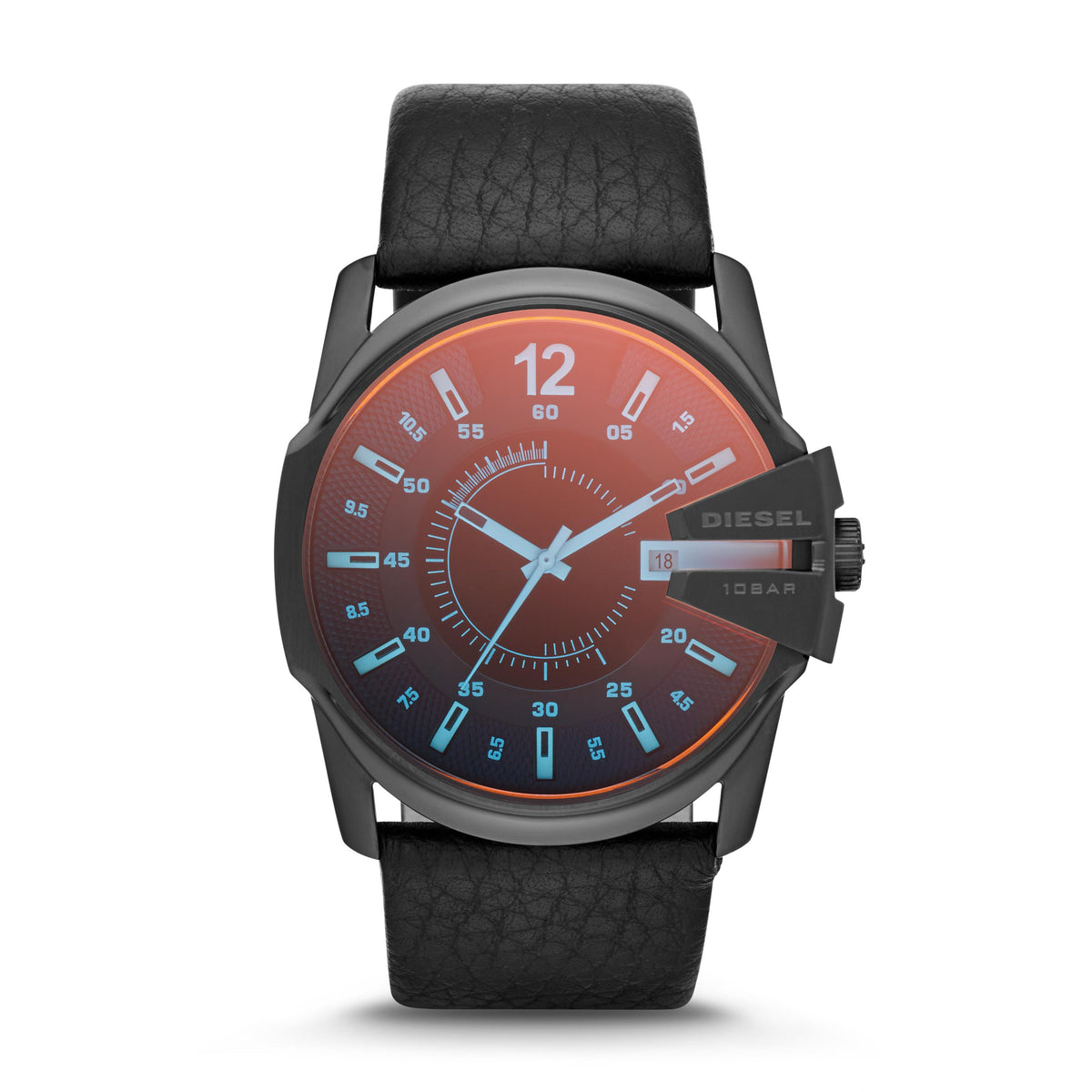 Diesel Mens Master Chief Black Leather Strap Watch Iridescent Dial