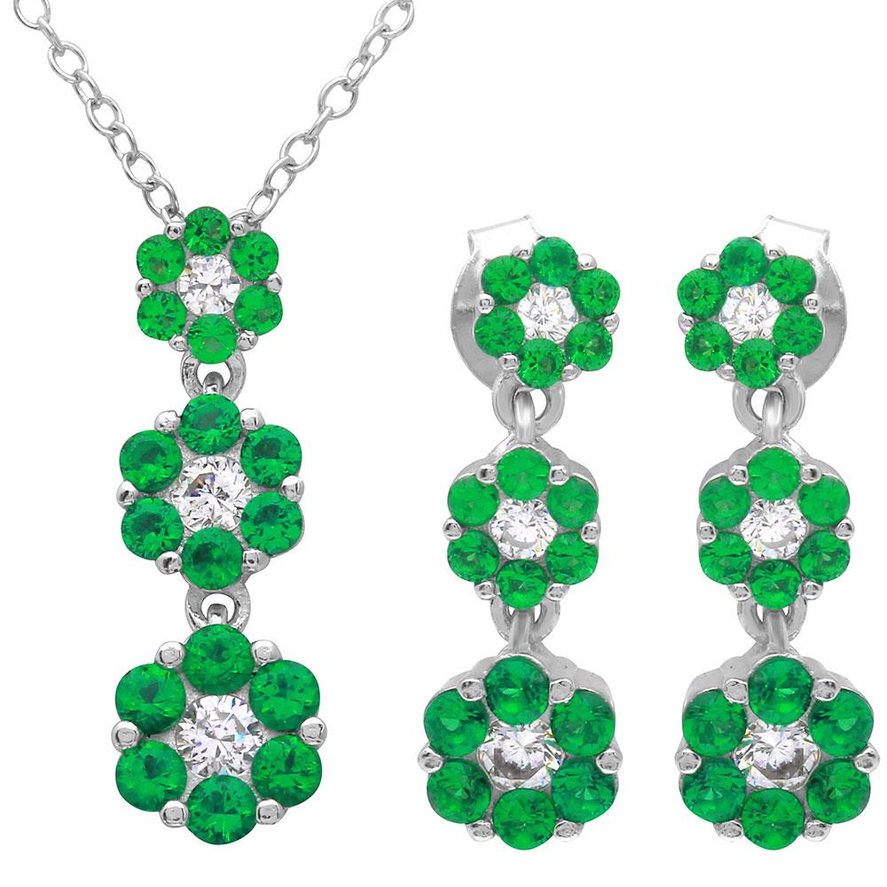 PARIKHS Rhodium Plated 3 Drop Green CZ Flower Necklace-Earring Set in 925 Sterling Silver