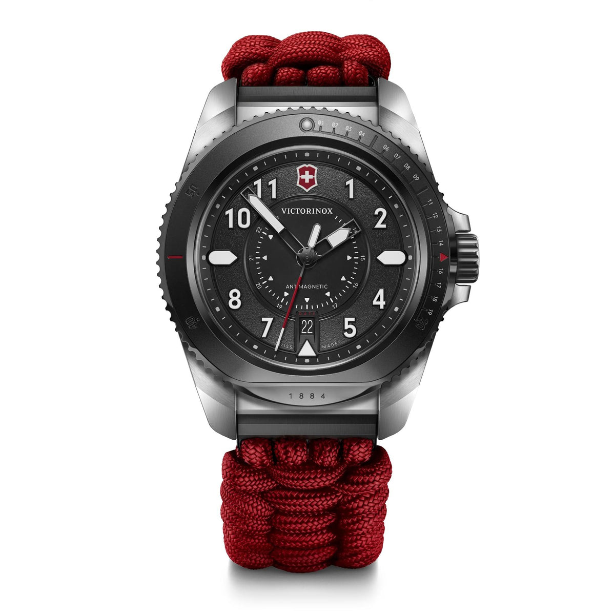 Victorinox Swiss Army Journey 1884 LE 43mm, silver stainless steel case, black bezel and black dial, red paracord strap