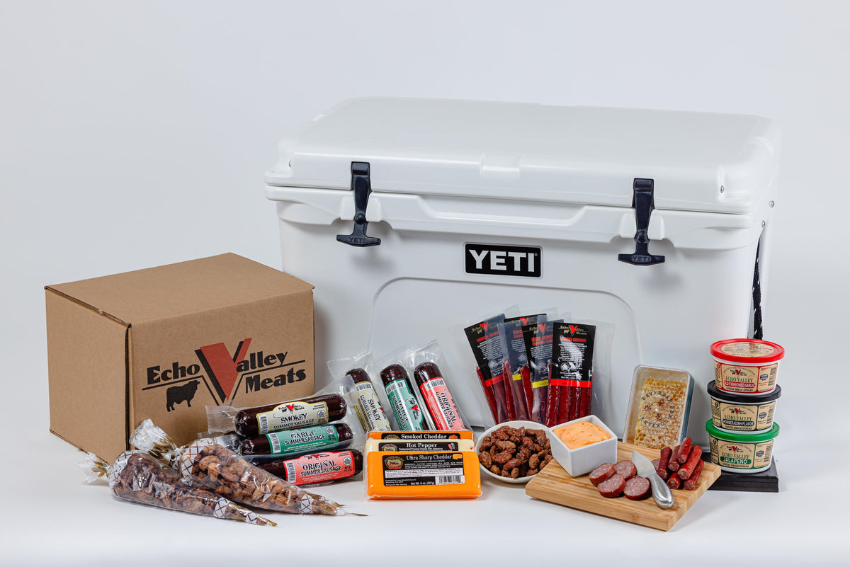 Echo Valley Meats 23-Piece Gift Set w/Yeti Tundra 45 Hard Cooler - White