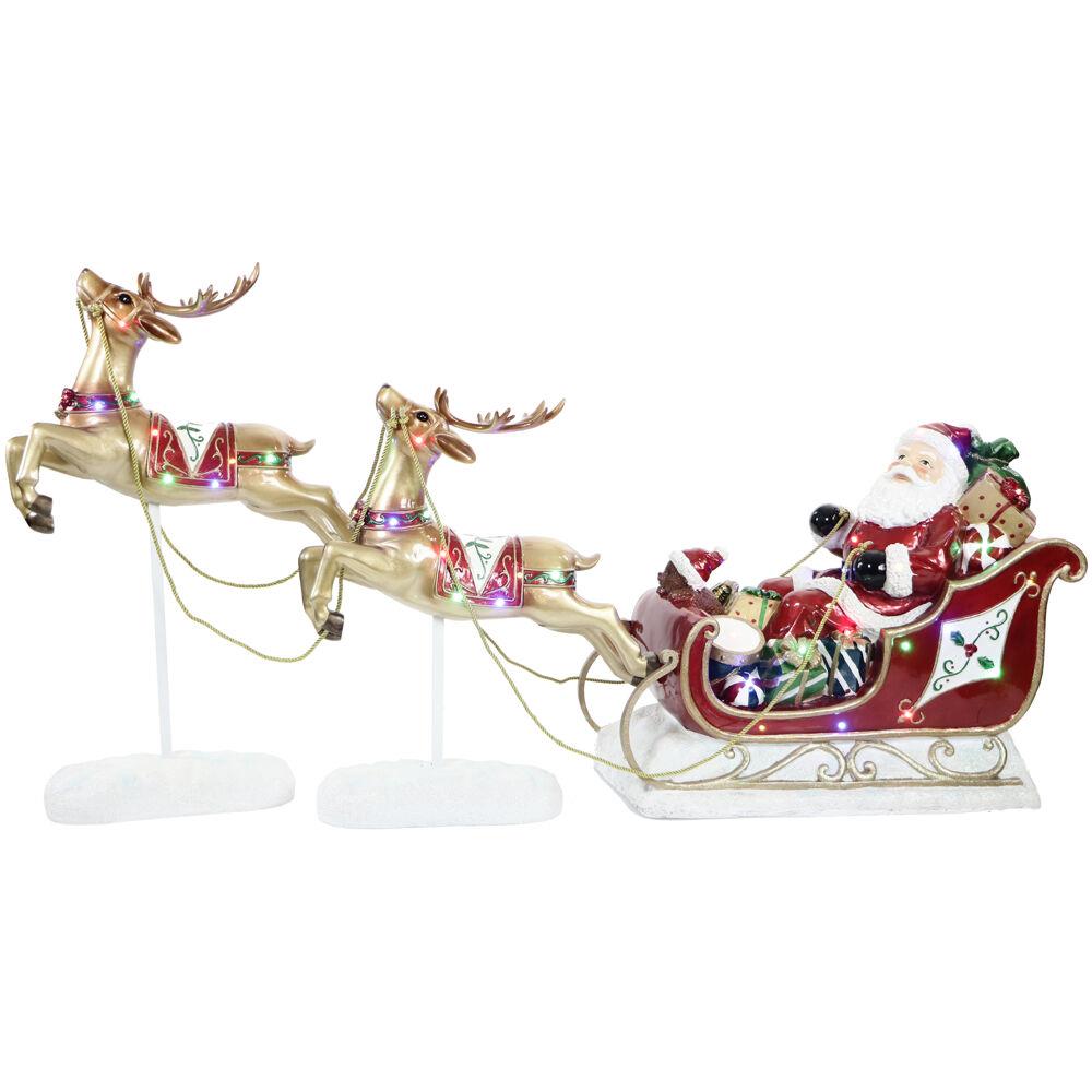 Fraser Hill Farm 3-Piece Santa, Sleigh & Flying Reindeer Holiday Figurine Set with LED Lights
