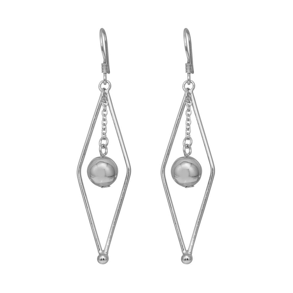 PARIKHS Rhodium Plated Open Sharp Marquis Dangling Center Ball Hook Earring in 925 Sterling Silver
