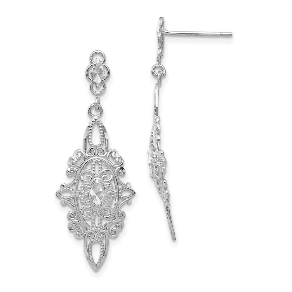 Distinctive 14k White Gold Diamond-cut Filigree Dangle Earrings